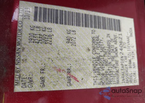 2014 Nissan Altima 2.5 Sv z USA, uszkodzony, nr VIN 1N4AL3AP1EN240621